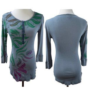 Anthropologie Language Blue Print Henley Long Cotton 3/4 Sleeve Knit Top T-shirt